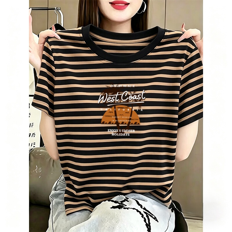 2026 Summer New Plus-Size Loose Short-Sleeve T-Shirt for Women, Tummy-Covering Black and White Striped Cotton Top, Trendy 2026 Summer New Plus-Size Loose Short-Sleeve T-Shirt for Women, Tummy-Covering Black and White Striped Cotton Top, Trendy