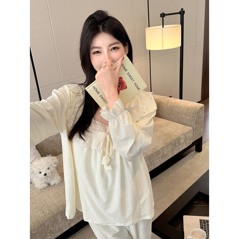 Princess Style Long-Sleeved Pajamas with Breast Pads for Women 2026 New Autumn Lace Bow Jacquard Cotton Home Wear Set