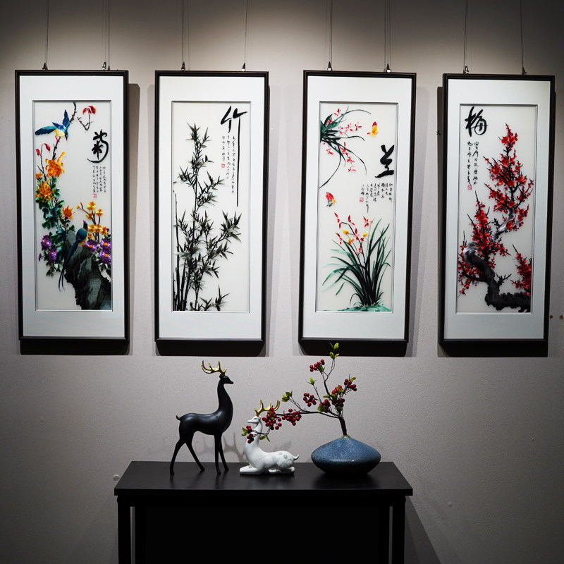 Su embroidery finished hanging painting Chinese style Meilan bamboo chrysanthemum four screen Suzhou hand-embroidered new Chinese living room decoration painting