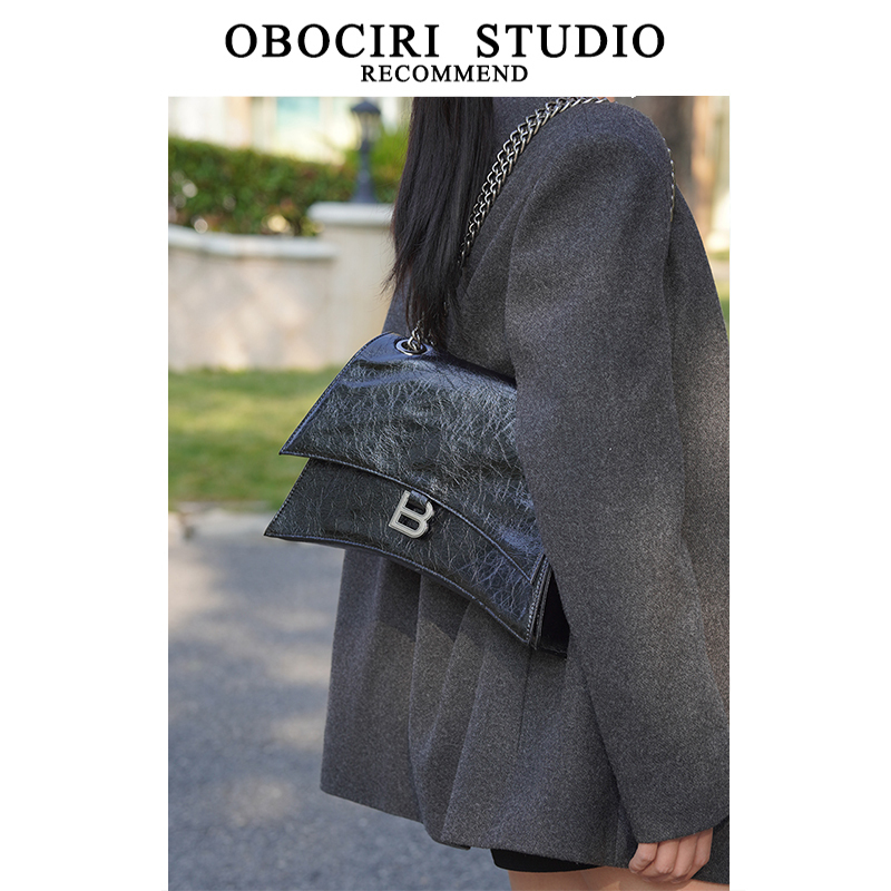 Genuine Leather Hourglass Bag, Stylish and Unique Underarm Bag, Large Capacity, Crackle Pattern, Summer Shoulder Crossbody Chain Tote Bag