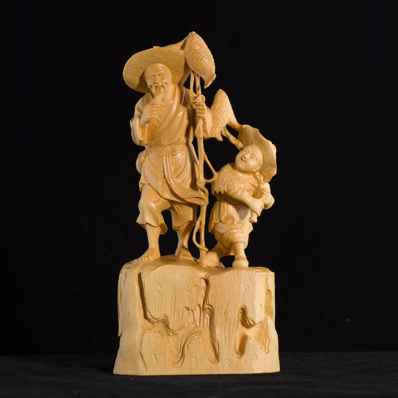 Leqing Boxwood Carving Crafts Ornaments Solid Wood Handmade Chinese-Style Root Carving Fisherman Figure Antique Collectibles