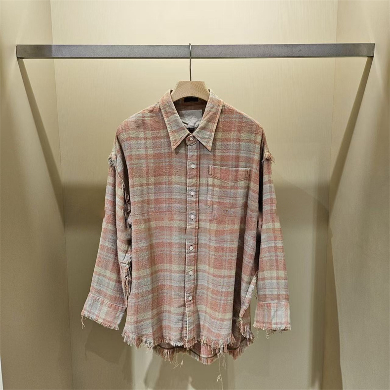 [in Stock] 2026 Celebrity Style Niche Color-Block Plaid Lapel Long-Sleeve Shirt with Frayed Edges and Distressed Finish for Women