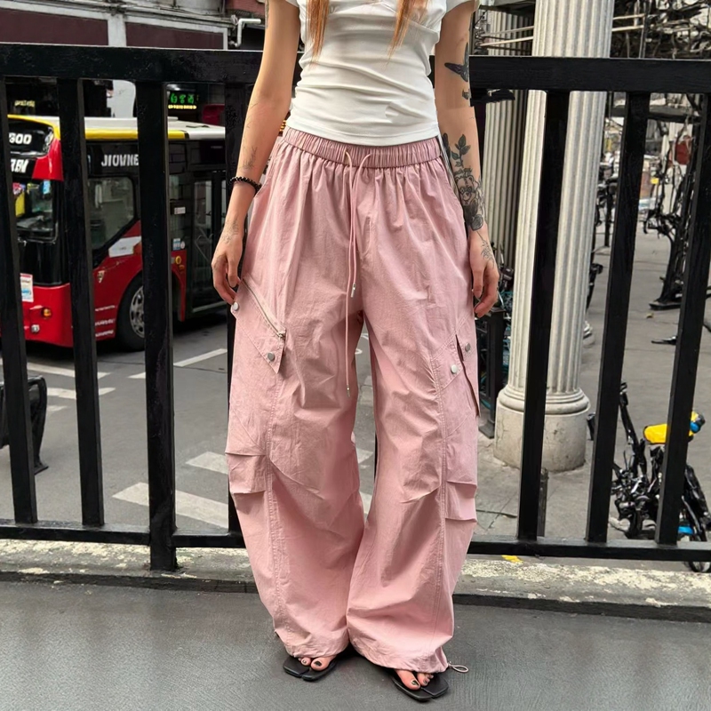 White Summer Quick-Dry High-Waisted Cargo Pants for Women 2026 New Style Elastic Waist Drawstring Multi-Pocket Casual Long Pants