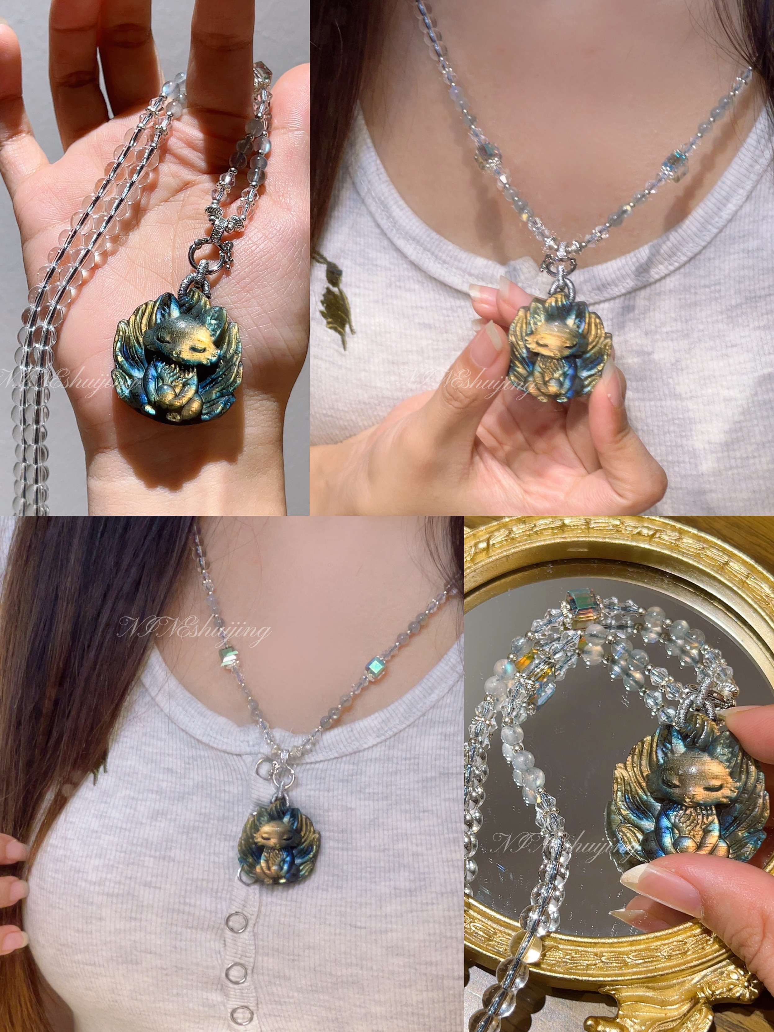 3月19日更新：【高輝度グレームーンライトフォックスペンダント】高輝度天然クリスタルラブラドライト九尾狐ネックレス