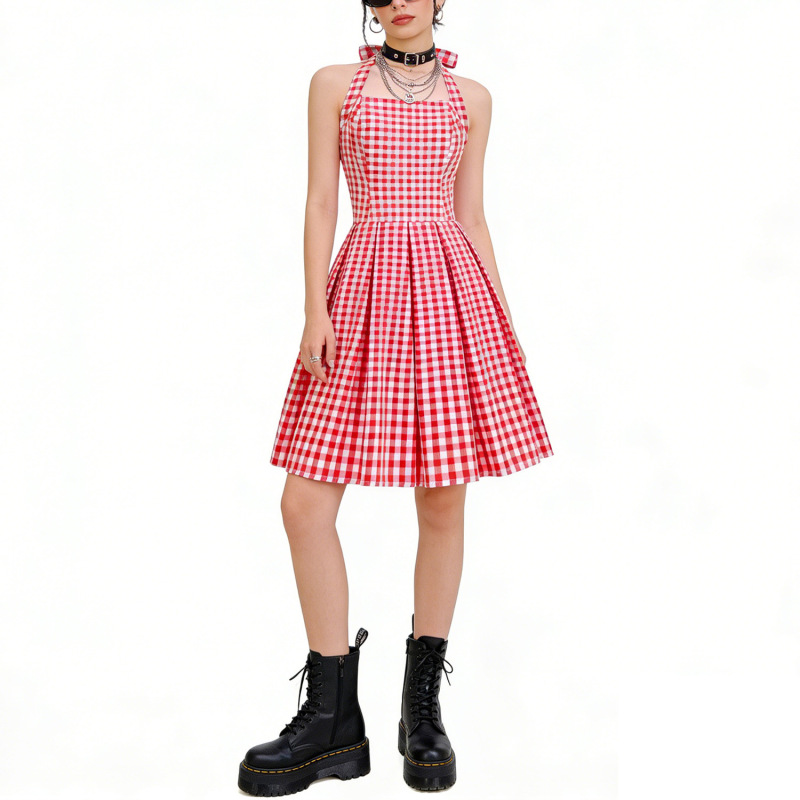 1950S Hepburn Retro Hong Kong Style Sweet and Feminine Plaid Sexy Backless Party Performance Pleated Summer Dress 1950S Hepburn Retro Hong Kong Style Sweet and Feminine Plaid Sexy Backless Party Performance Pleated Summer Dress