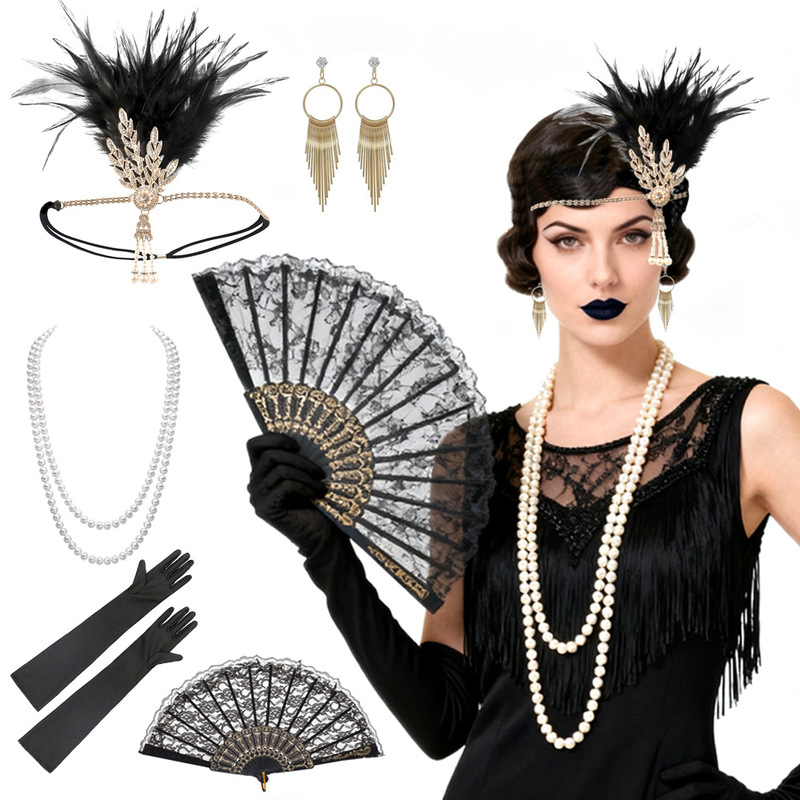 1920S Great Gatsby Retro Classic Prom Feather Hair Accessory Folding Fan Wedding Party Costume Set