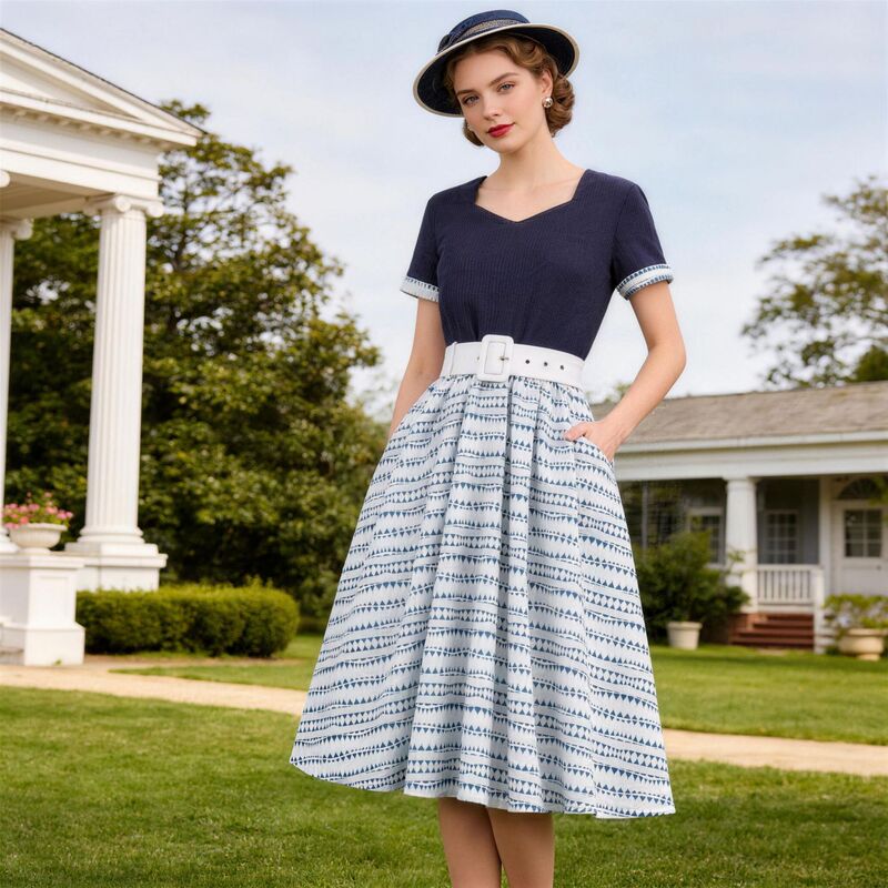 Hong Kong Style Retro Elegant Printed French 80S-Inspired Short-Sleeved Hepburn-Style Dance Performance Party Flared Dress
