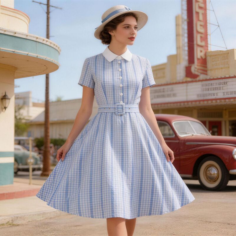 Hong Kong Style Retro Slimming 80S Plaid Party Performance Short-Sleeved Hepburn Waist-Cinching Elegant Flared Dress