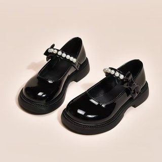Soft-soled small leather shoes for girls 2025 spring and autumn new style pearl bow princess shoes black shiny leather loafers
