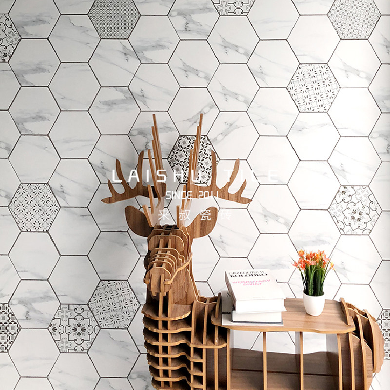 Uncle Lai Nordic jazz white hexagonal tile all-ceramic matte hexagonal tile powder room balcony porch floor tile