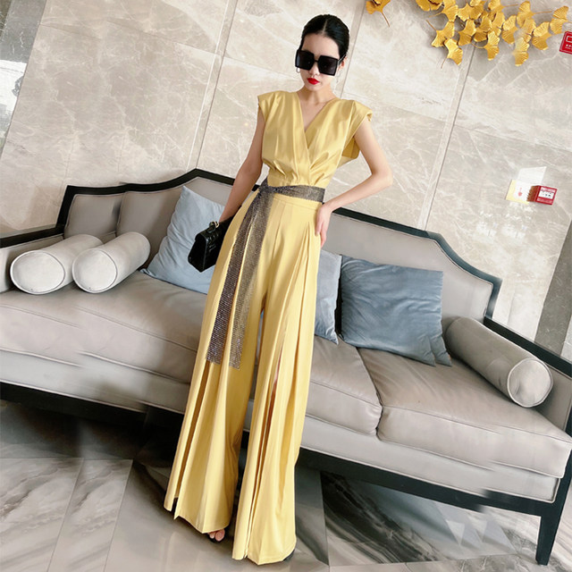 Acetate satin jumpsuit women's summer European goods high-end temperament sleeveless diamond-encrusted high waist loose drape slit wide-leg pants