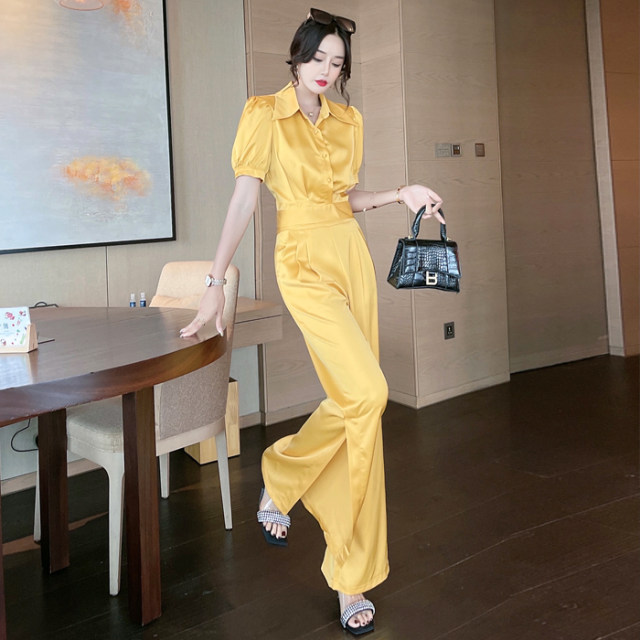 European goods 2023 summer new acetate satin waist top high waist wide-leg pants temperament goddess fan two-piece trendy