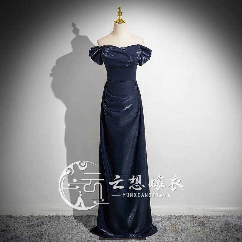 Blue Girl's Coming-Of-Age Ceremony Evening Dress Satin Off-Shoulder Art Exam Annual Meeting Piano Performance Host 2026 New