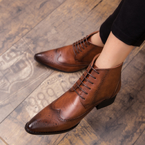 Bouloc carved leather shoes Business Inn Wind Mens shoes Fashion Leather Boots Man Pointed Boots High Helps Martin Boots Short Boots