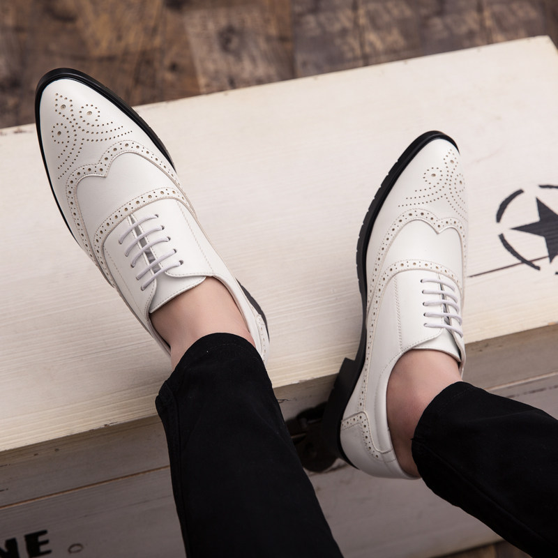 Burlock carved leather shoes men's Korean version Inlentide shoes Business Fashion Casual 100 Hitch White Groom Shoes Man