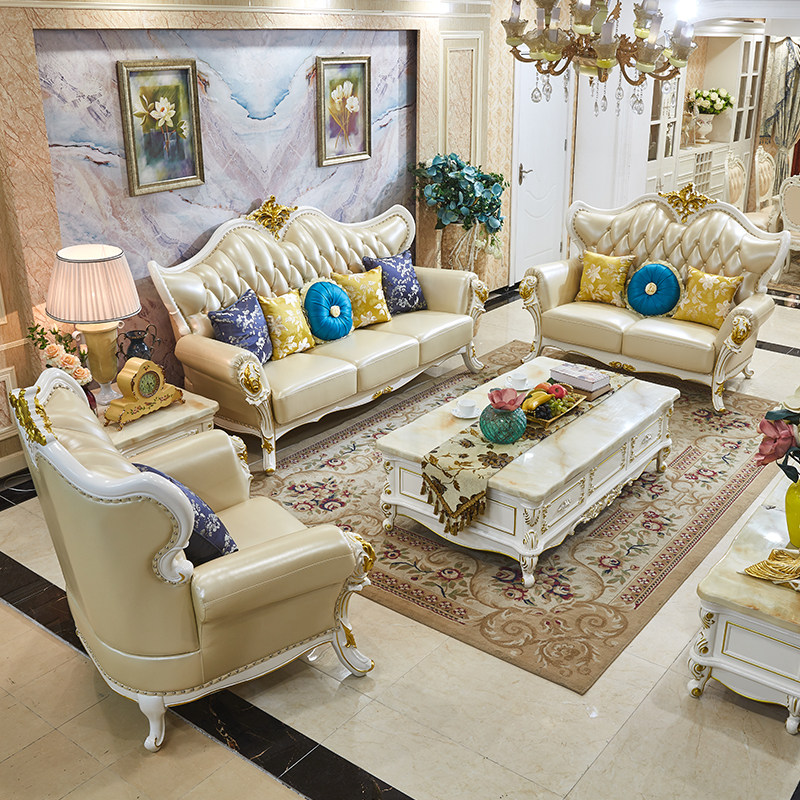 Eurostyle solid wood sofa 123 Composition Living room complete with modern lavish villas genuine leather furniture