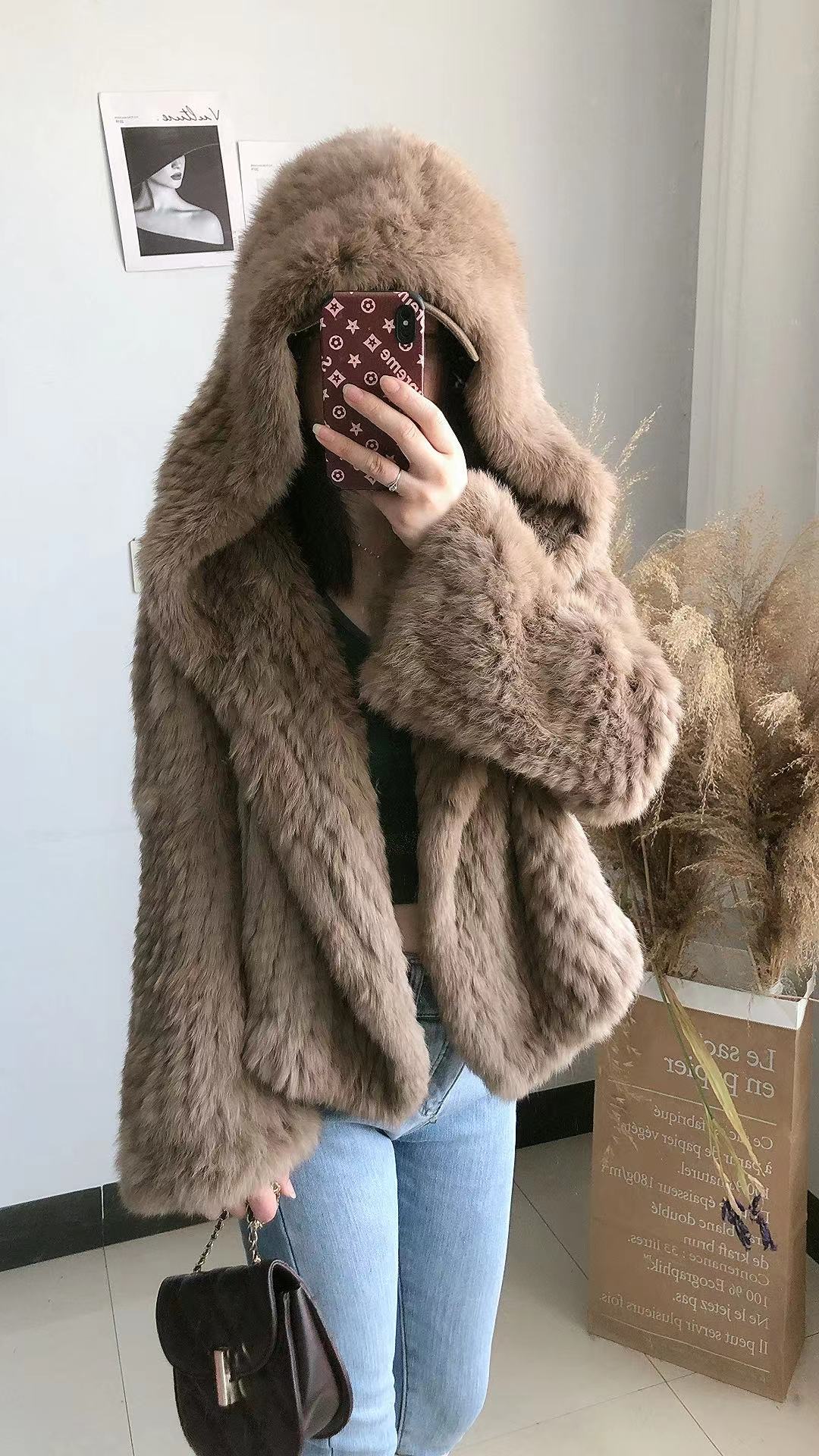 Imported Rex Rabbit Fur Knitted Jacket Hooded Short Real Rabbit Fur Fur Trumpet Sleeve Net Red Young Knitted Versatile