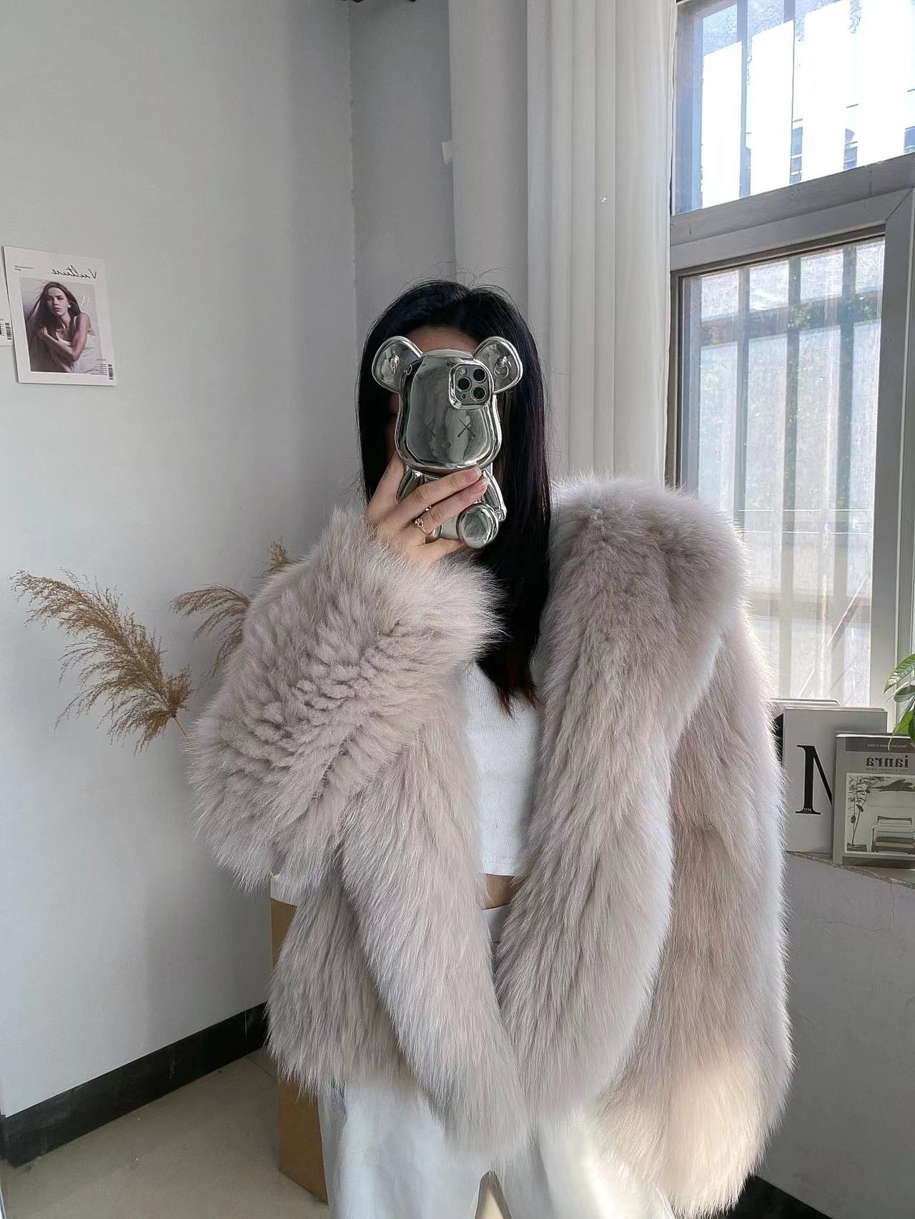 Imported long - sleeved fox Mao Navy shortcut double - sided fur coat net red - brown version of Han edition