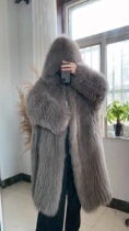 Imported gray fox woven with a hat over a lax and loose Korean version of long fur coat warm coat