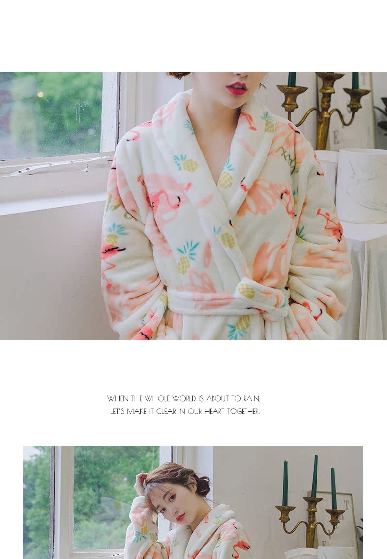 Mùa thu và mùa đông flannel mới trong đoạn dài áo choàng nam và nữ Phiên bản Hàn Quốc của cặp đôi đồ ngủ dài tay dày màu hồng san hô dày áo ngủ nam