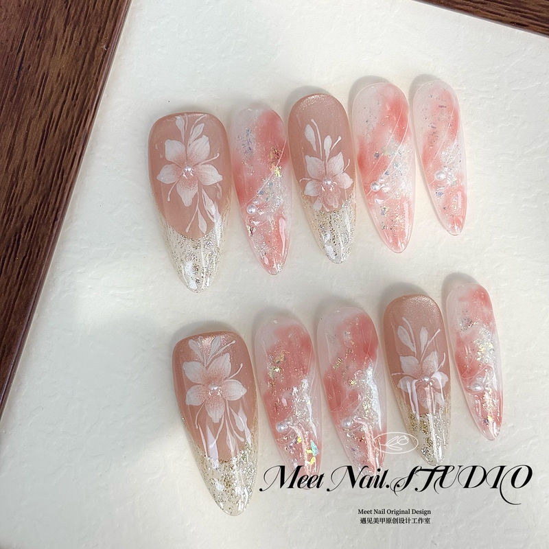 Fingertip Floral Art | Japanese-Style Hand-Painted Gentle Ceiling Fairy Almond Nail Art, Brightening Effect, Spring and Summer High-End Press-On Nails