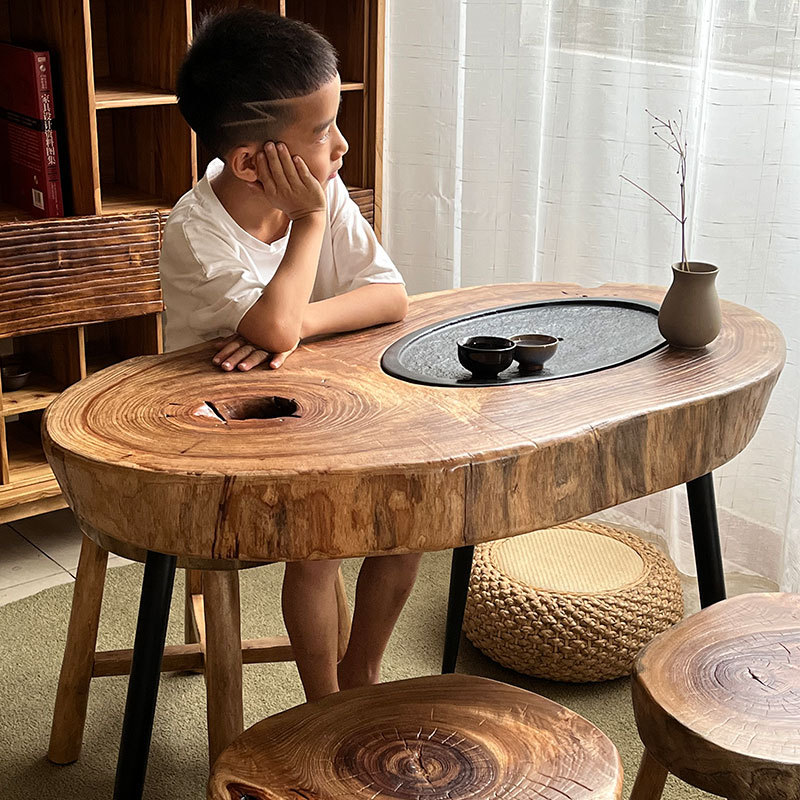 Solid Wood Nordic Coffee Table, Natural Camphor Wood Balcony Wet Tea Table, Small Apartment Whole Board Free-Form Rustic Wabi-Sabi Tea Table