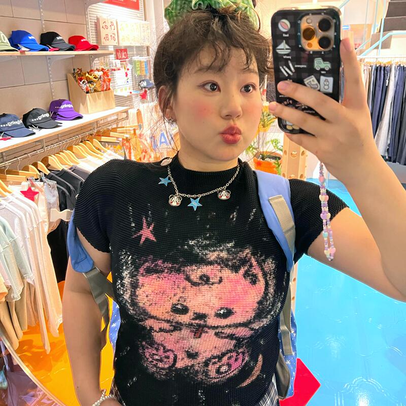 Autumnoxygen Summer Original Special Edition Stretchy Slim-Fit Printed Pleated Pullover Short-Sleeve T-Shirt