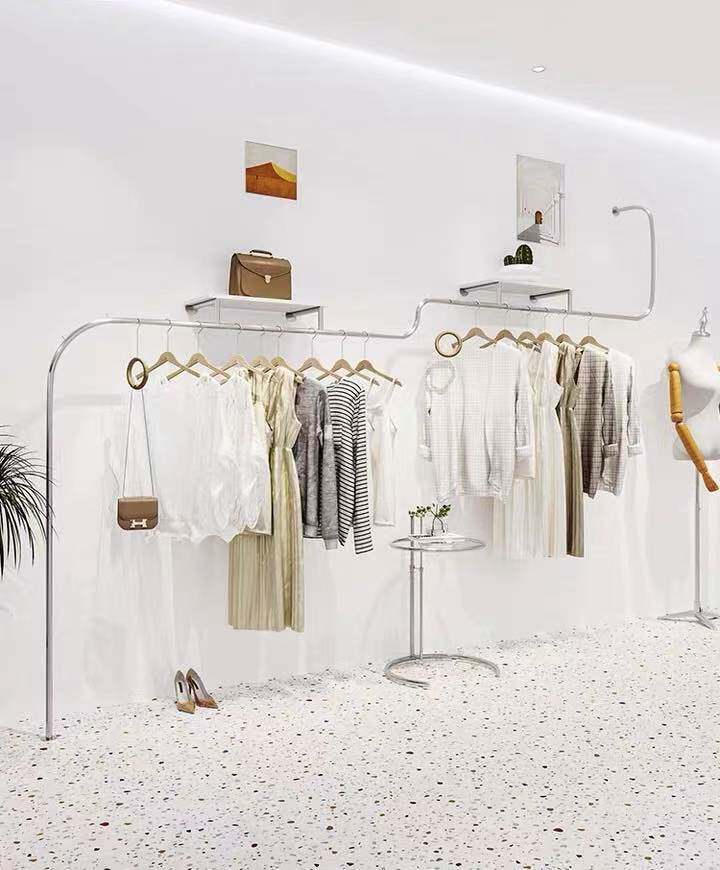 Clothing Shop With Board Show Shelf Stainless Steel Wire Drawing Hanghanger Women's Clothes Shop Creativity Upper Wall Hung Floor Display Shelf