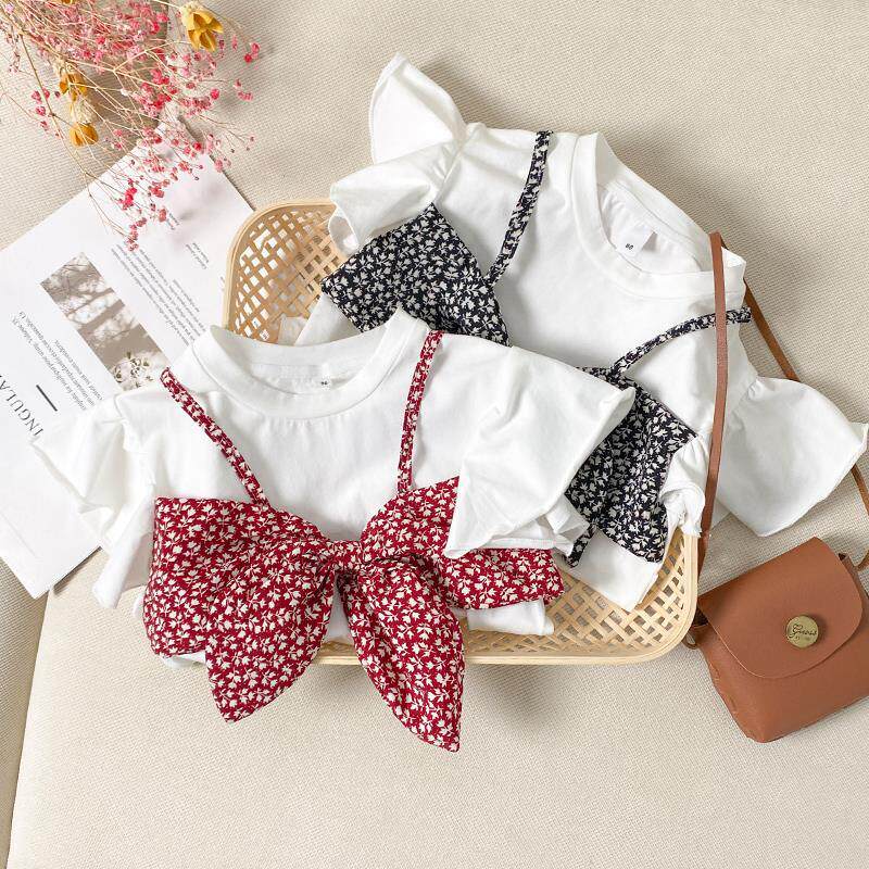 Girls short-sleeved T-shirt summer 2022 new bow fake two-piece suspender top female baby summer Korean version of the tide