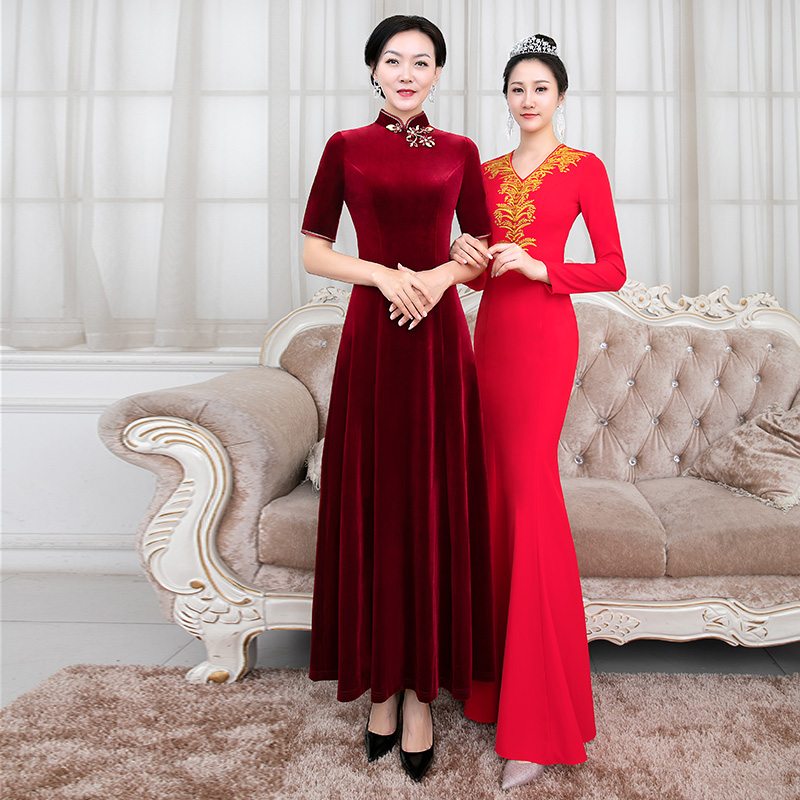 Velvet qipao wedding mom gown The middle-aged woman young and noble wedding party to the wedding gown wedding gown