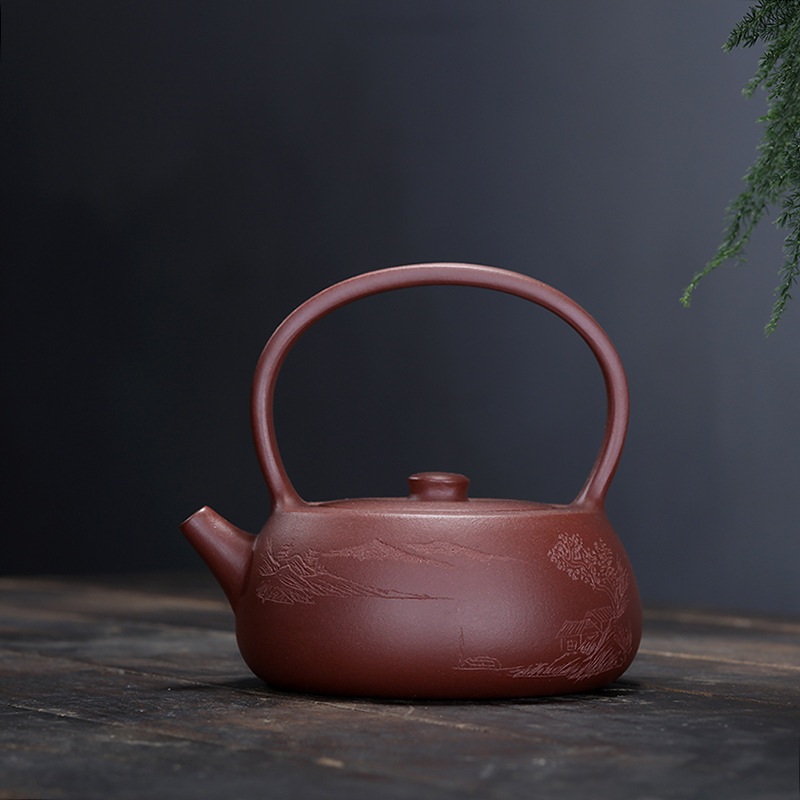 Purple sand pot Yixing famous home pure hand carved mountain and water in the original mine tank clean pot teapot