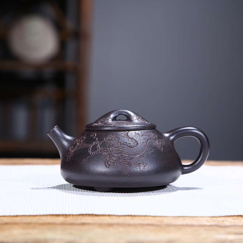 Yixing Purple Sand Pot Wang Ting Whole Handmade Raw Mine Black Diamond Ladylike Small Pint Pot Home Kung Fu Tea Set Drawing Suit
