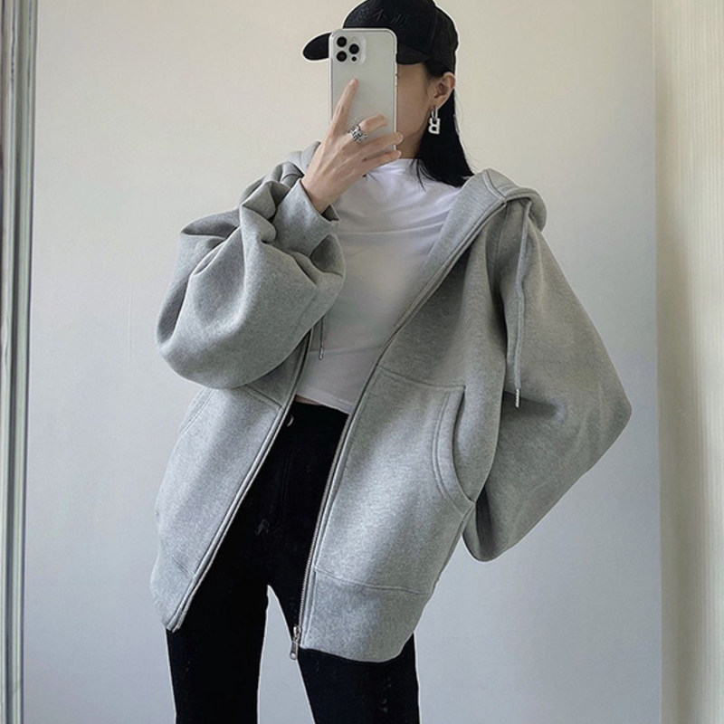 Gray sweatshirt women's hooded cardigan Fall/Winter 2021 loose cotton lazy style Korean version of the mid-long plush jacket