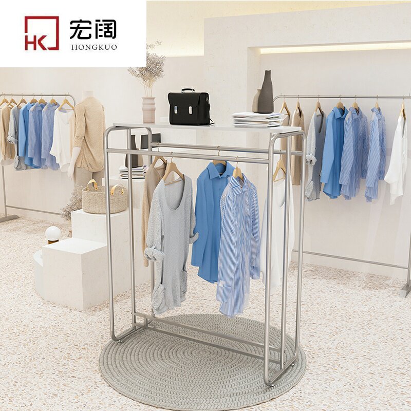 Clothing Shop Hanging Clothes Pole Creativity Stainless Steel Floor Type Hung Clothes Rack Women's Clothing Store Shelves Rack shelves Double bars