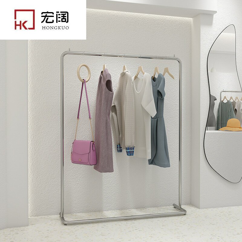 Clothing store display rack with wheels stainless steel golden island display side hanging floor-to-ceiling formal hanging women's clothing store shelf