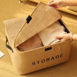 Household Cotton and Linen Large Clothes Storage Box Snack Toy Foldableing Storage Basket with Lid Wardrobe Organizing Storage Box