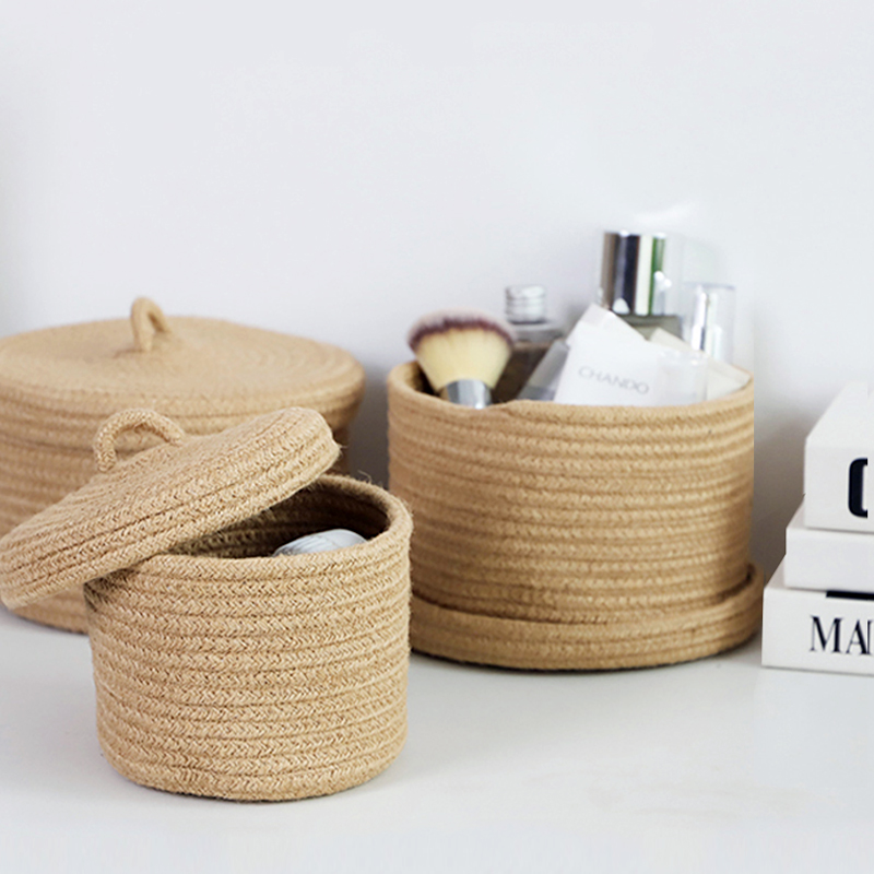 Japanese-style jute woven cosmetic storage box desktop sundries snacks finishing storage basket with cover fabric storage basket