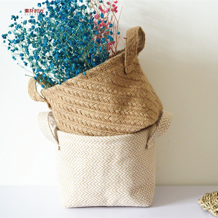 Cotton Hemp Cloth Art Containing Basket Frame Tabletop Debris Basket Portable Snack Containing Box Multifunction Disposal Basket Flower Pot Cover
