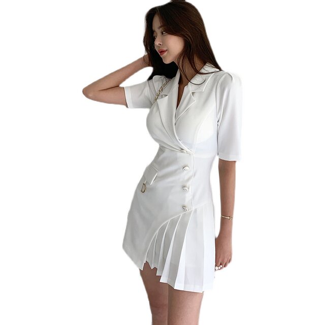 2022 summer dress new Korean version design sense temperament suit collar slim fit stitching pleated waist professional skirt dress