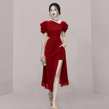 Puff Sleeve French Chic Stunning Red Dress Long Skirt Women's Summer Split Shows Thin Temperament High Sense Dress Skirt