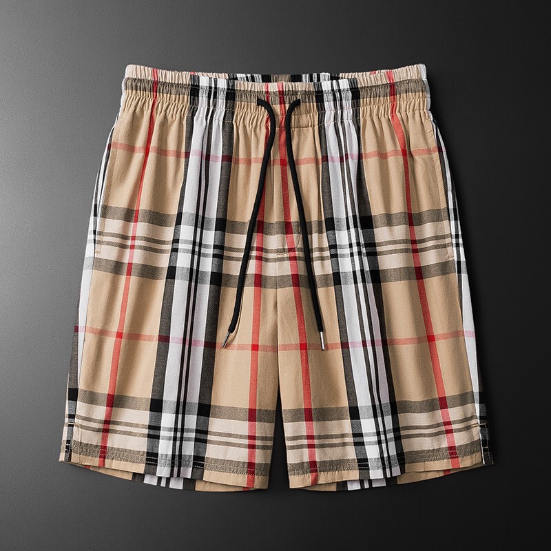 2026 Summer Men's Plaid Shorts Casual Pants with Drawstring Elastic Waist Loose Straight Beach Shorts Trendy