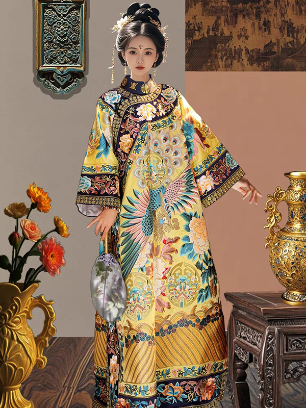 Queen Dowager Cixi's Phoenix Robe with Peacock and Peony Pattern, Empress, Noble Concubine, Queen Mother, Qing Dynasty Printed Dress, Antique Clothing