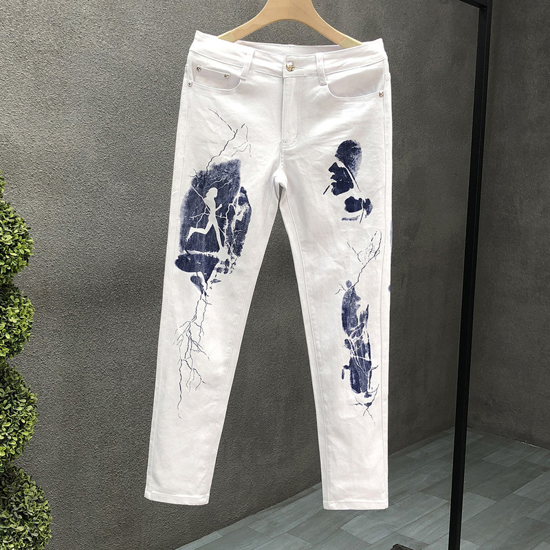 Trendy White Printed Denim Jeans for Men, Slim Fit Straight-Leg Pants, Men's Autumn Long Pants