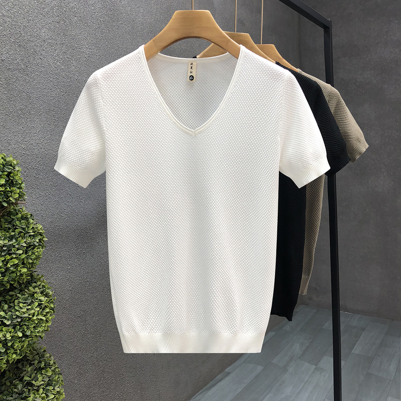 Trendy V-Neck Knitted Short-Sleeve Men's Sweater, Ice Silk Thin Summer Sweater, 2026 New Men's Fashion Base Shirt