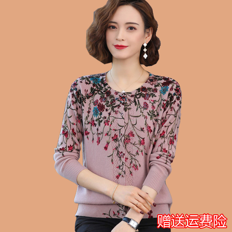 Middle-aged and elderly cashmere sweater women's thin sweater cardigan retro floral mother wear large size wool sweater coat loose