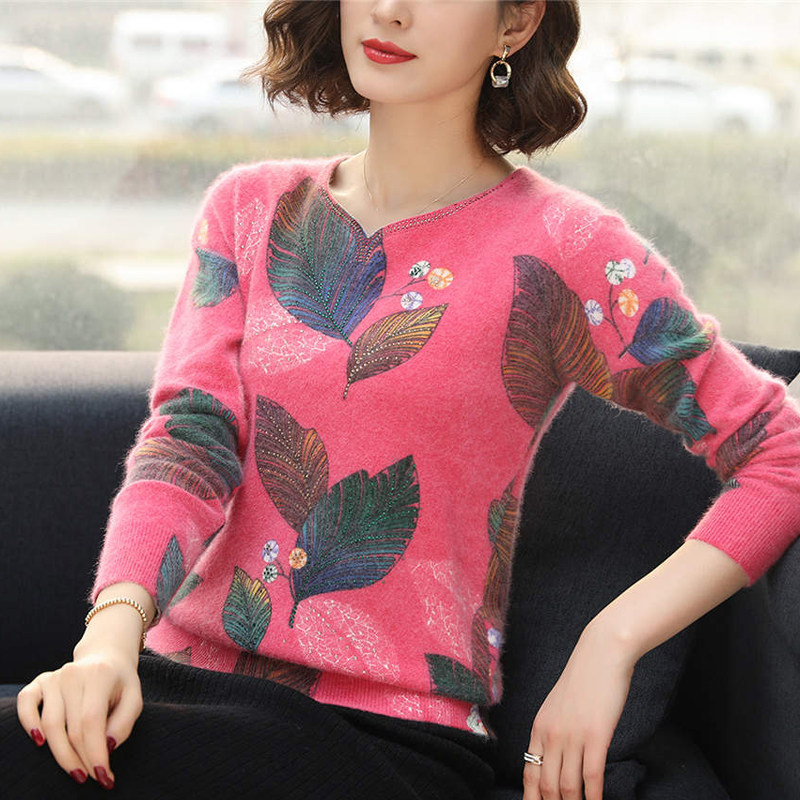 2022 new wool sweater ladies middle-aged printed pullover sweater mother wear knitted cashmere bottoming shirt autumn and winter