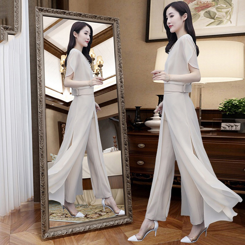 Chiffon Wide-Leg Pants Suit, Goddess Style, Summer 2025 New Model, Elegant High-Waisted Professional Jumpsuit Two-Piece Set, Age-Reducing