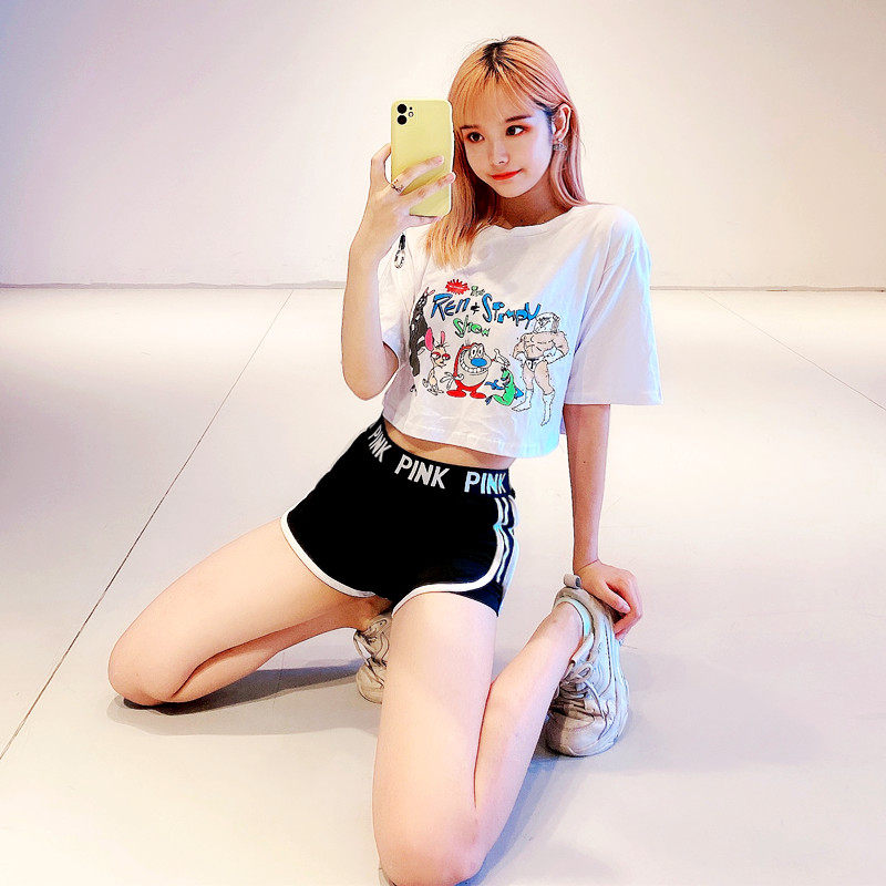 Korean Cartoon Loose short Dew Navel Short Sleeve Hooded Sport Fitness Goddess Casual Running Pure Cotton T-shirt