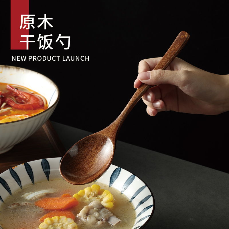 木製の乾燥ライススプーン、日本の木製スプーン、食べるための放送麺スプーン、長いハンドルのラーメンスプーン、カタツムリ麺木製スープスプーン