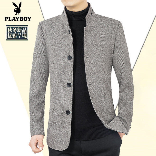 Playboy Spring and Autumn New Men's Woolen Coat Stand-Up Collar Jacket Dad Thin Woolen Coat